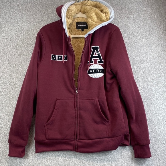 Aeropostale Other - Aeropostale fur lined hoodie jacket mens L burgundy New York embroidered varsity